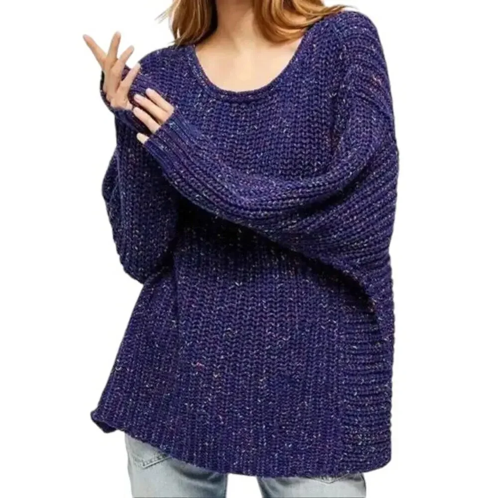 NEW FREE PEOPLE Neon Lights Pullover Sweater in Midnight Aura SZ L